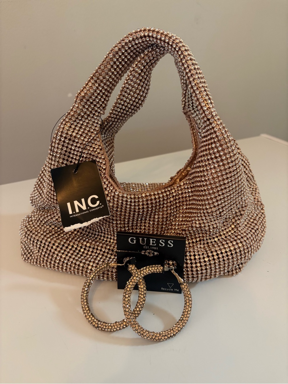 INC International Concepts Rose Gold Crystal Mesh Hobo Hand Bag/Hoop Earrings